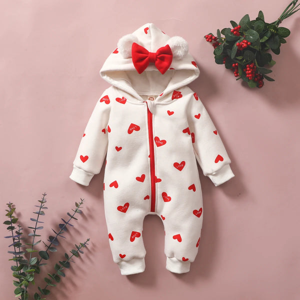 Baby Cute Bow Long Sleeve Hat Zipper Warm Outer Wear Length Baby Love Romper Girls Winter Love Thick Long Baby Romper