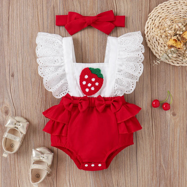 2Pcs Baby Girl Strawberry Embroidered Bow Front Ruffled Spliced Romper & Headband Set Soft and Comfortable